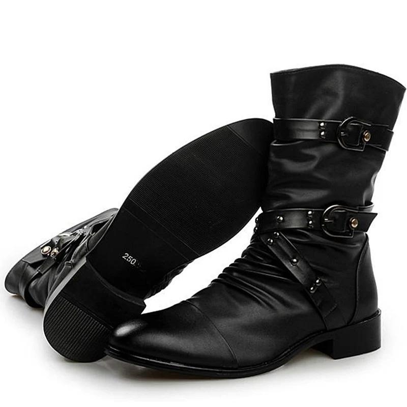 Modische Lederstiefel für Herren, hochwertige Bikerstiefel, schwarze Punkrock-Schuhe, hohe Stiefel für Herren und Damen, Größe 38–48