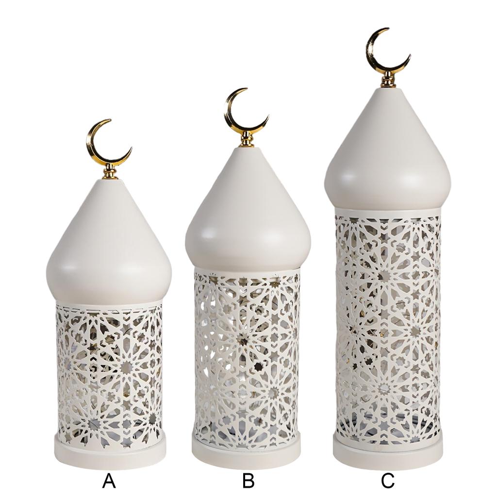 LED Hollow Iron Lantern Anti-Scratch Ramadan Metal Ornaments Lamp Warm Light Candle Holder Tea Light for Living Room Shelf Desk