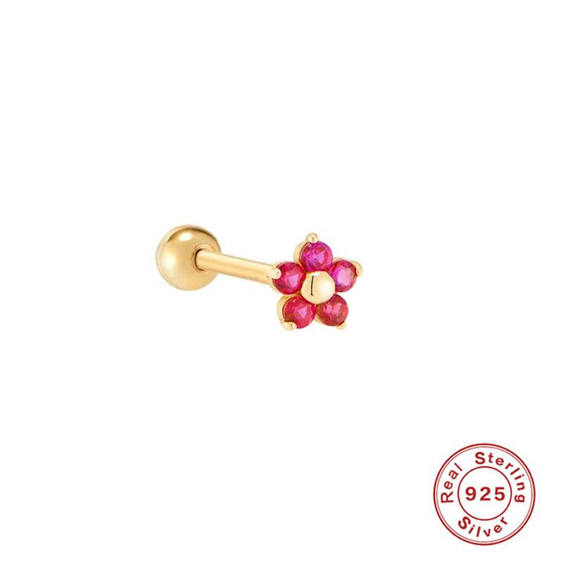 Light Luxury S925 Sterling Silver Wind Five-Petal Flower Diamond Thread Perforated Earrings Piercing