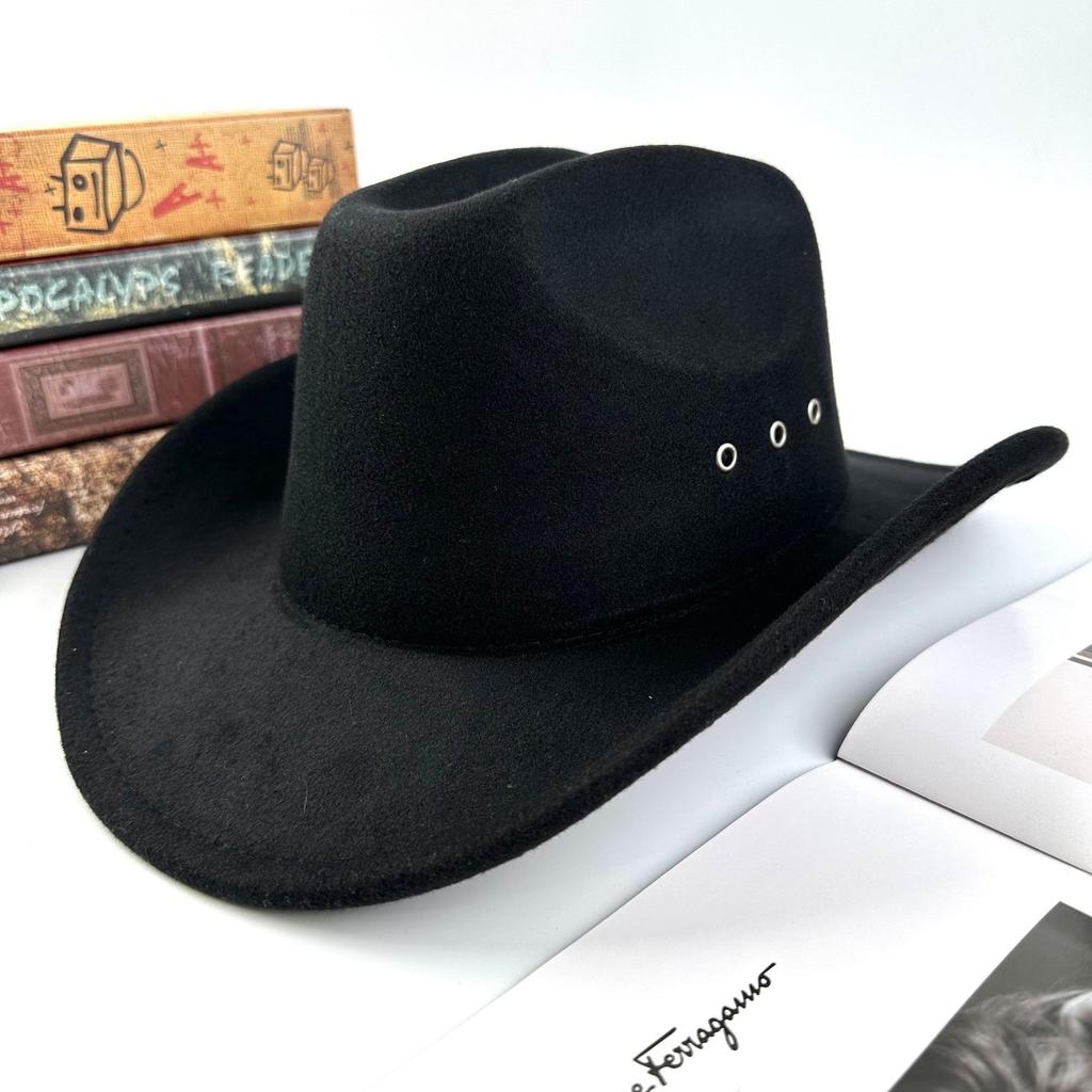 Men'S And Women'S Cowboy Hats Woolen One-Word Top Fashion Punched Hat Jazz Hat Big-Brimmed Top Hat