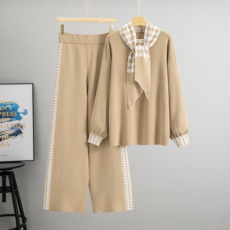 Set de Toamnă și Iarnă: Top Tricotat Elegant cu Talie Înaltă, Set Pantaloni Largi la Modă pentru Femei