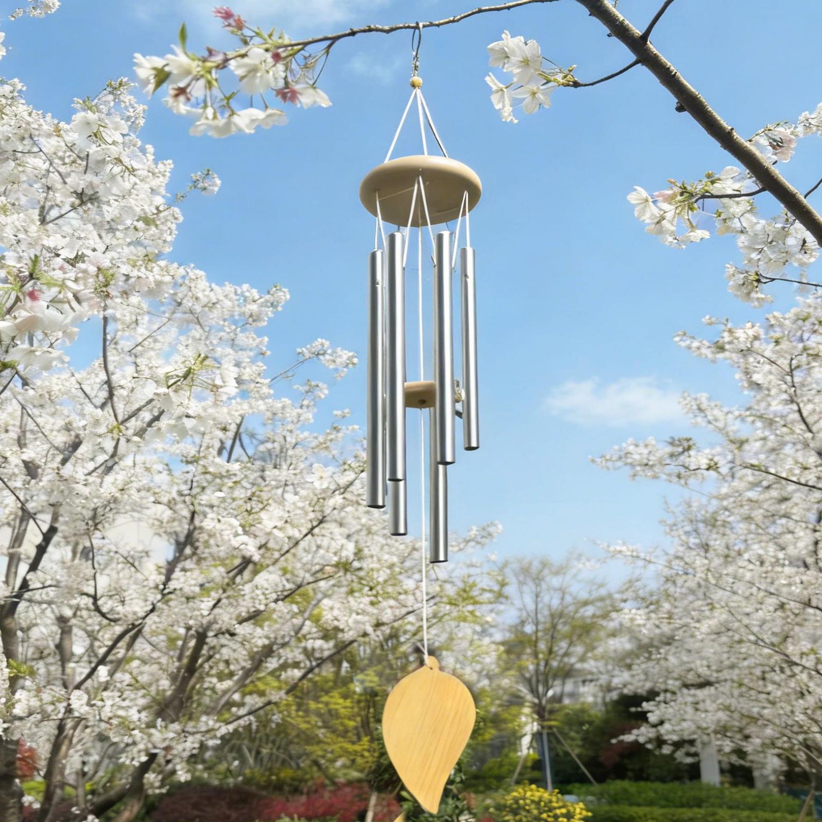 

Six Tube Vintage Aluminum Wind Chime Outdoor Hanging Decoration with Natural Wood Top and Leaf Shaped Wind Catcher for Garden Patio Porch One Size