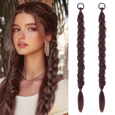 2Pcs Synthetic Long Straight Twist Braid Ponytail Extensions Rubber Band Wrap Around Fake For Women Girls Daily Wear Hair Accessories