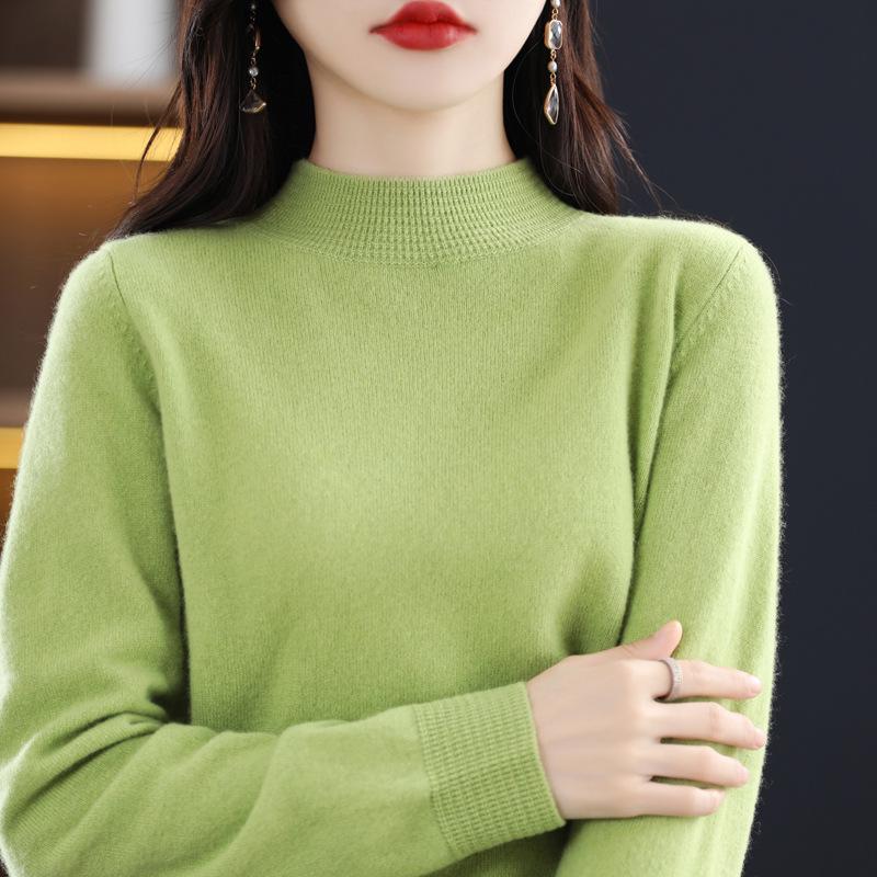 Women's Cashmere Sweater - Autumn/Winter, Solid Color, Loose Pullover, Half-High Collar, Korean Style, Long Sleeve Knit Wool Base Layer.