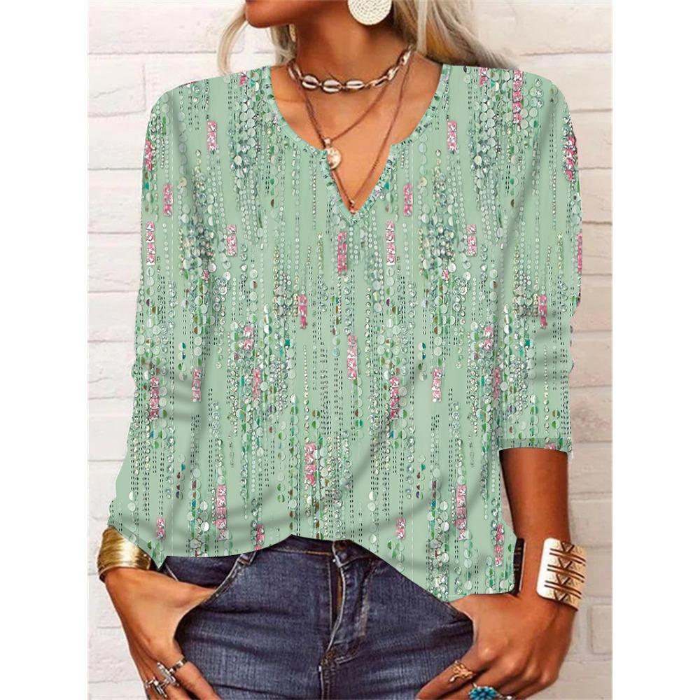 GMXIA Autumn Loose Long Sleeve Flower Bold V-neck T-shirt Base for Women