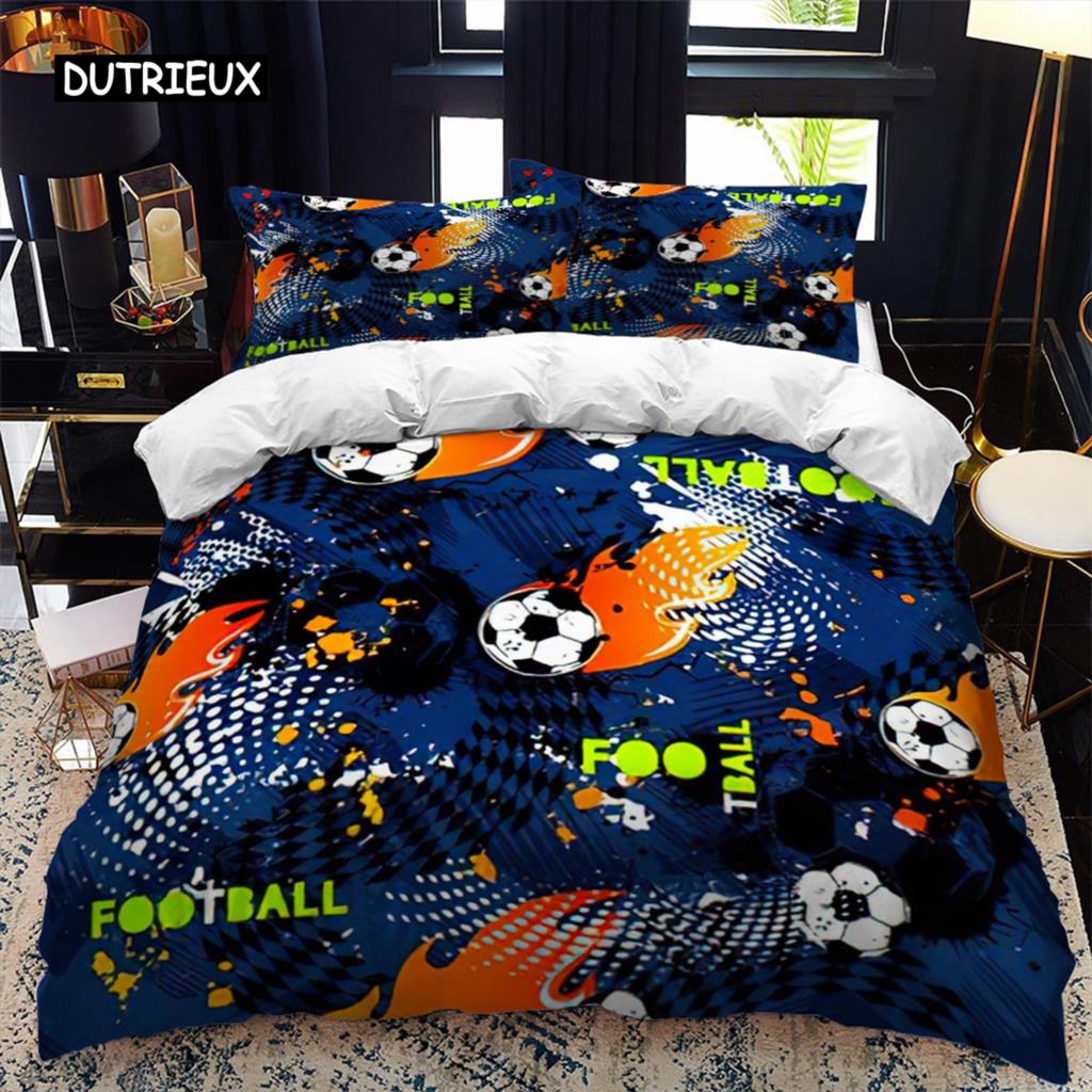 Soccer Duvet Cover Set 2/3pcs FootBall Print Bedding Set with Comforter Cover and Pillowcases Ball Theme for Kids Teens Adults