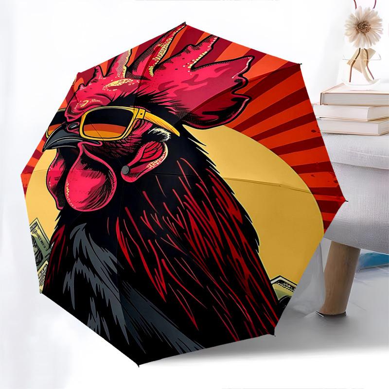 

1pc Rooster with Sunglasses and Money, Automatic Opening Folding Umbrella, Portable 3-Fold Design, 8-Bone Iron Frame, Outdoor Umbrella, Festival Gift,