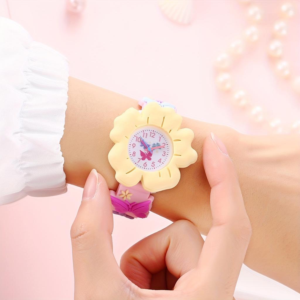 Cute 3D Flower & Butterfly Watch with Soft PVC Case - Youngsters's Learning Clock, Analog Quartz Movement Wristwatch for &, - (Low Voltage)