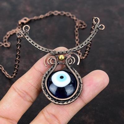 Blue Color Evil Eye Necklace Copper Wire Wrapped Necklace Gemstone Jewelry Adjustable Necklace Handmade Copper Jewelry Special Occasion Gift