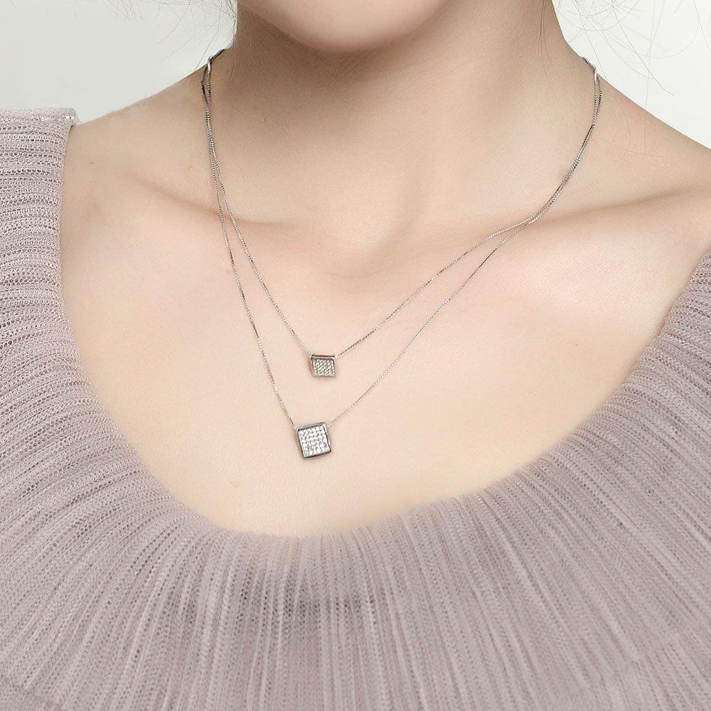 Marque Sugar Cube Collier Double Chaîne Fabriqué en Autriche Diamant CZ Métal Anallergique Prévention de la Décoloration [IUHA]