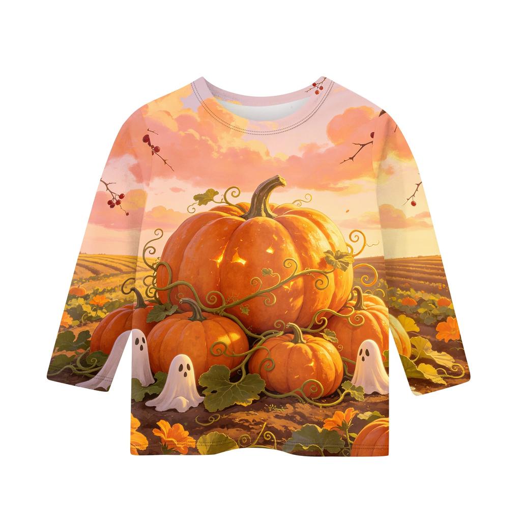Kids Halloween Printed Crew Neck Three Quarter Sleeve Casual T Shirt Top for Boys and Girls Soft Comfortable Fabric