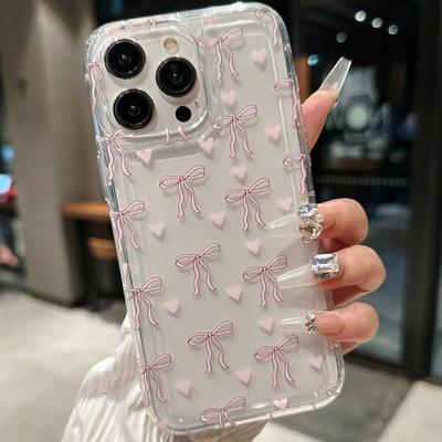 Custodia per iPhone con Fiocco Rosa – Disponibile per Modelli 11, 12, 13, 14, 15 Pro Max. Stile coreano, Trasparente, Anti-caduta, Morbido.