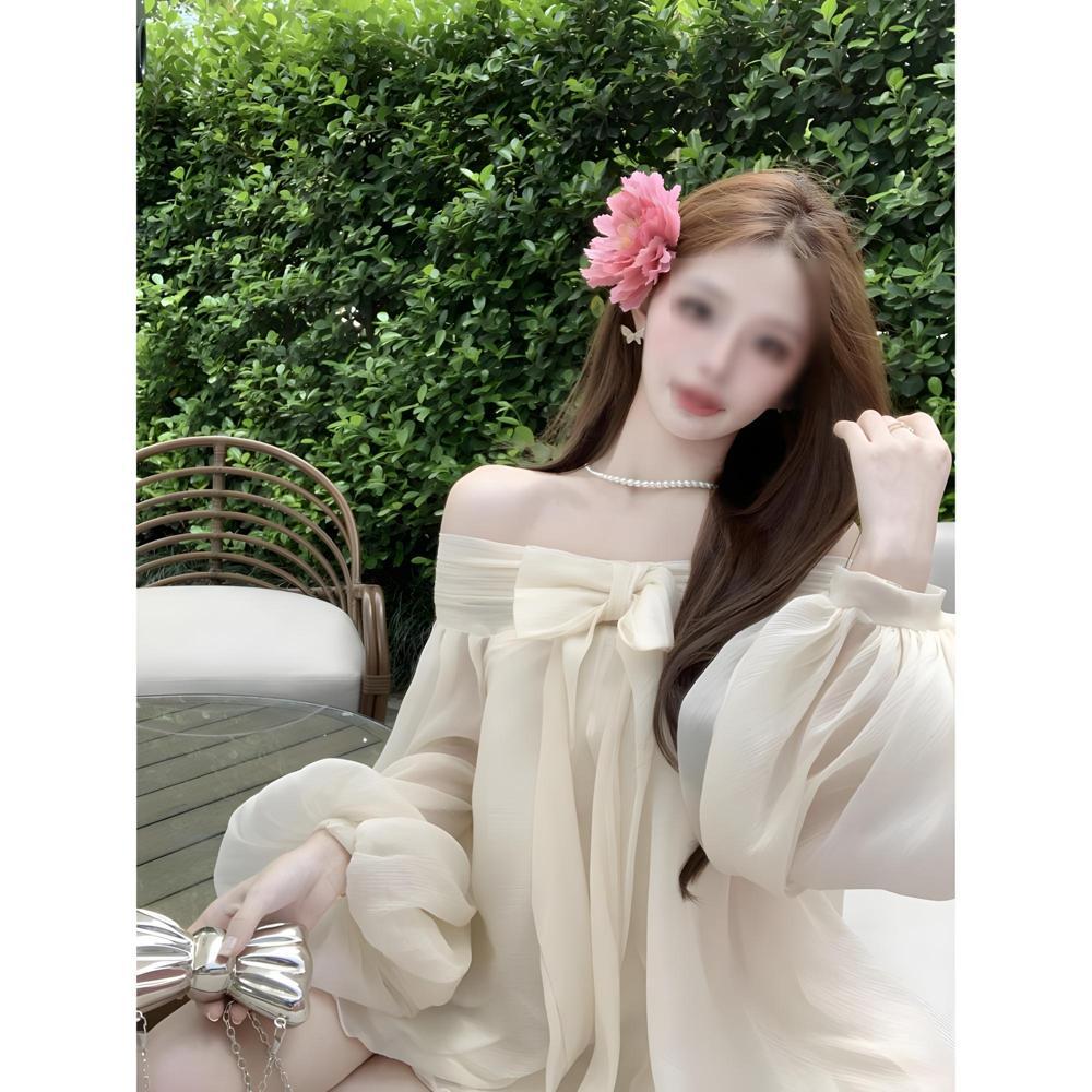 Gentle wind bow shoulder lantern sleeve top summer new sweet loose and thin chiffon shirt