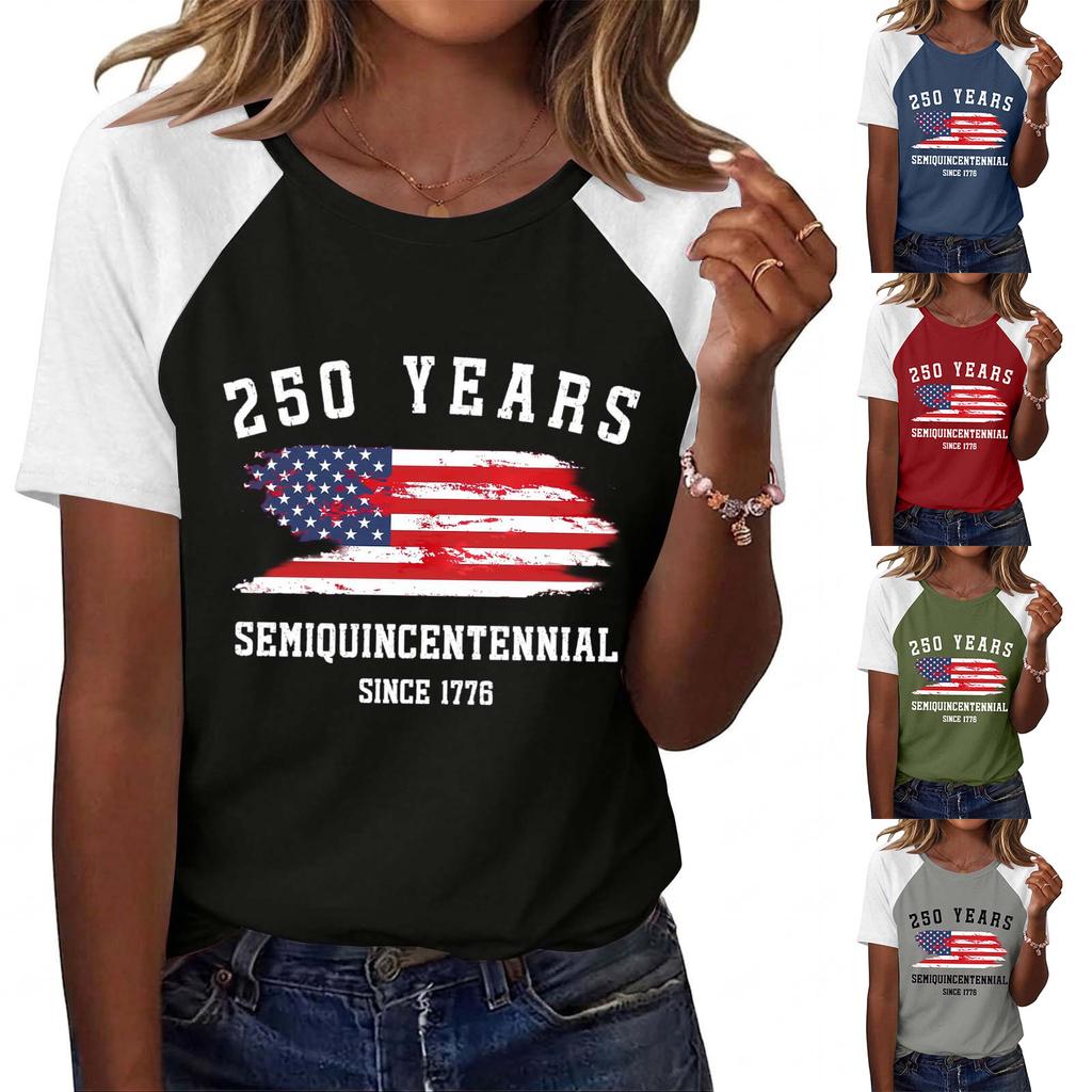 Women's Floral Patchwork Print Casual T-Shirt 0Th Anniversary USA Shirt Patriotic Tshirt