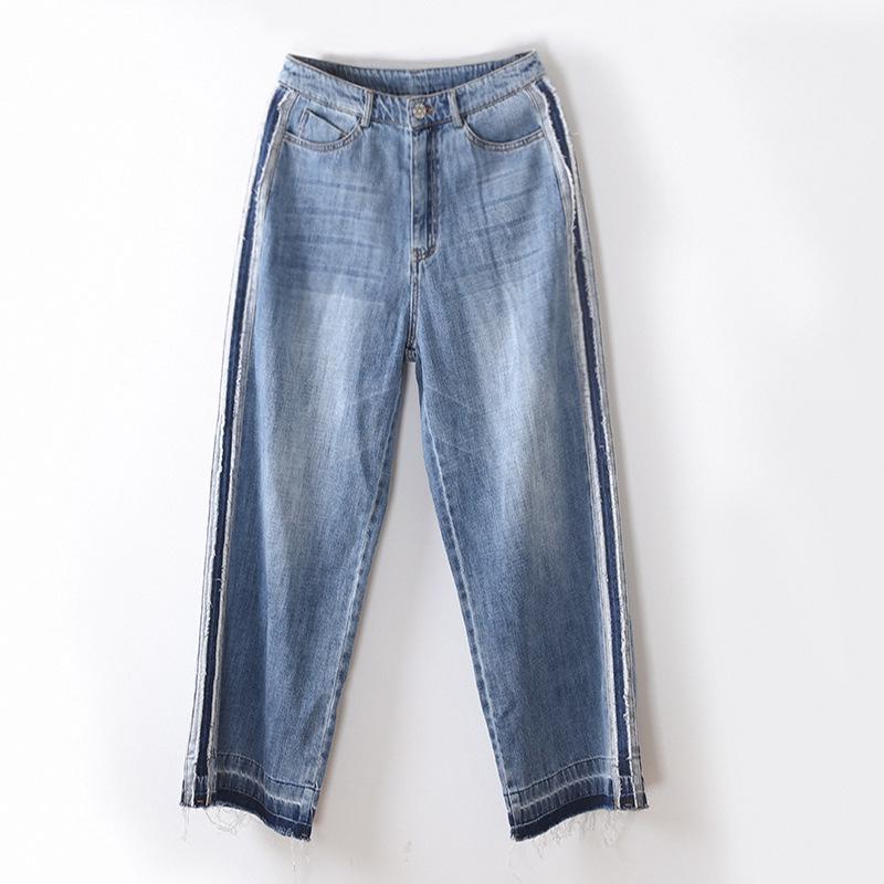 

Summer Casual High Waist Color Block Jeans with Frayed Hems - Slimming Straight Leg Pants for Women Small світло-синій колір