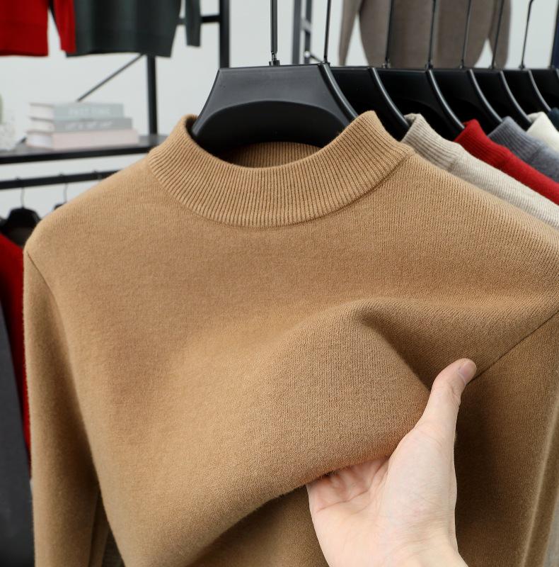 Men's Velvet Knit Sweater - Warm Half-High Collar, Thickened Base Layer