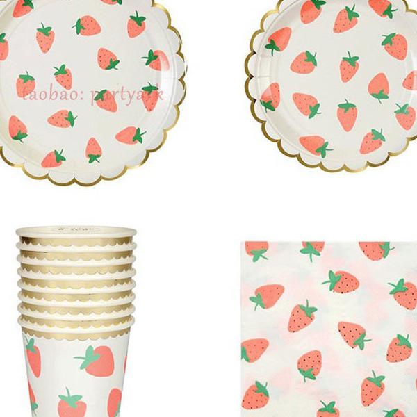 Fruit-Themed Disposable Picnic Set: Lemongrass, Strawberry, Watermelon, Pineapple Plates, Gold Foil Lace Party Plates, Cups & Napkins.