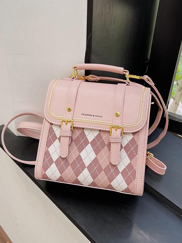 Girlish Heart Argyle Color Block Women's Backpack 2025 - Cute Korean Style Crossbody Small Schoolbag