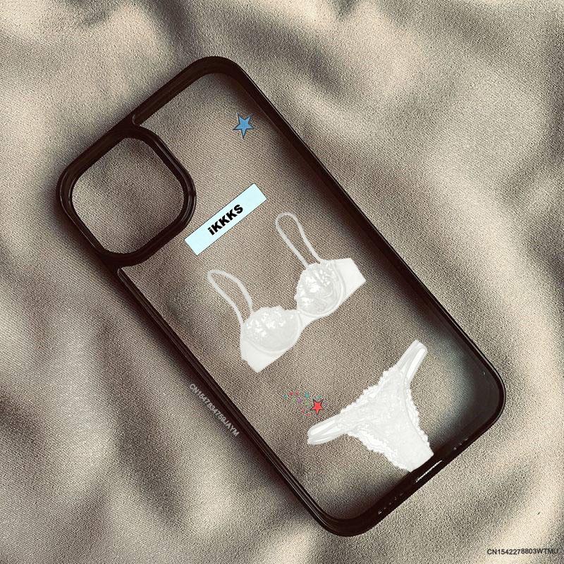 Fashion Sexy Black Lace Bra Pattern Phone Case For iPhone 16 17 Pro 15 14 13 12 11 XR XS Max 7 8Plus Underwear Clear Hard Cover