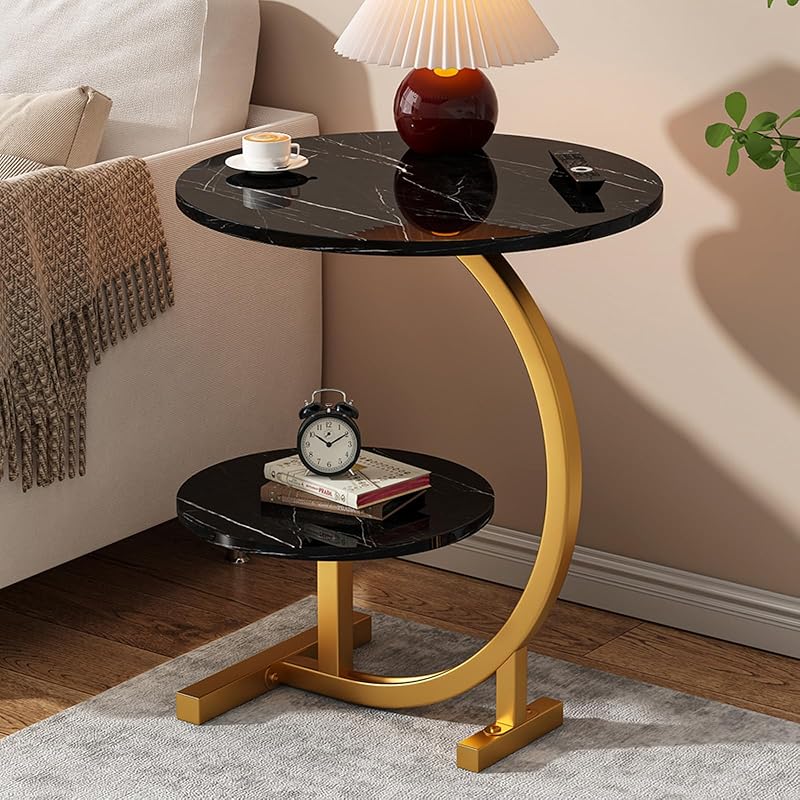 2 Tier End Table, C Shaped Side Table with Metal Frame, Small Coffee Table with Storage, Round Sofa Table for Living Room, Bedside Table for Bedroom,