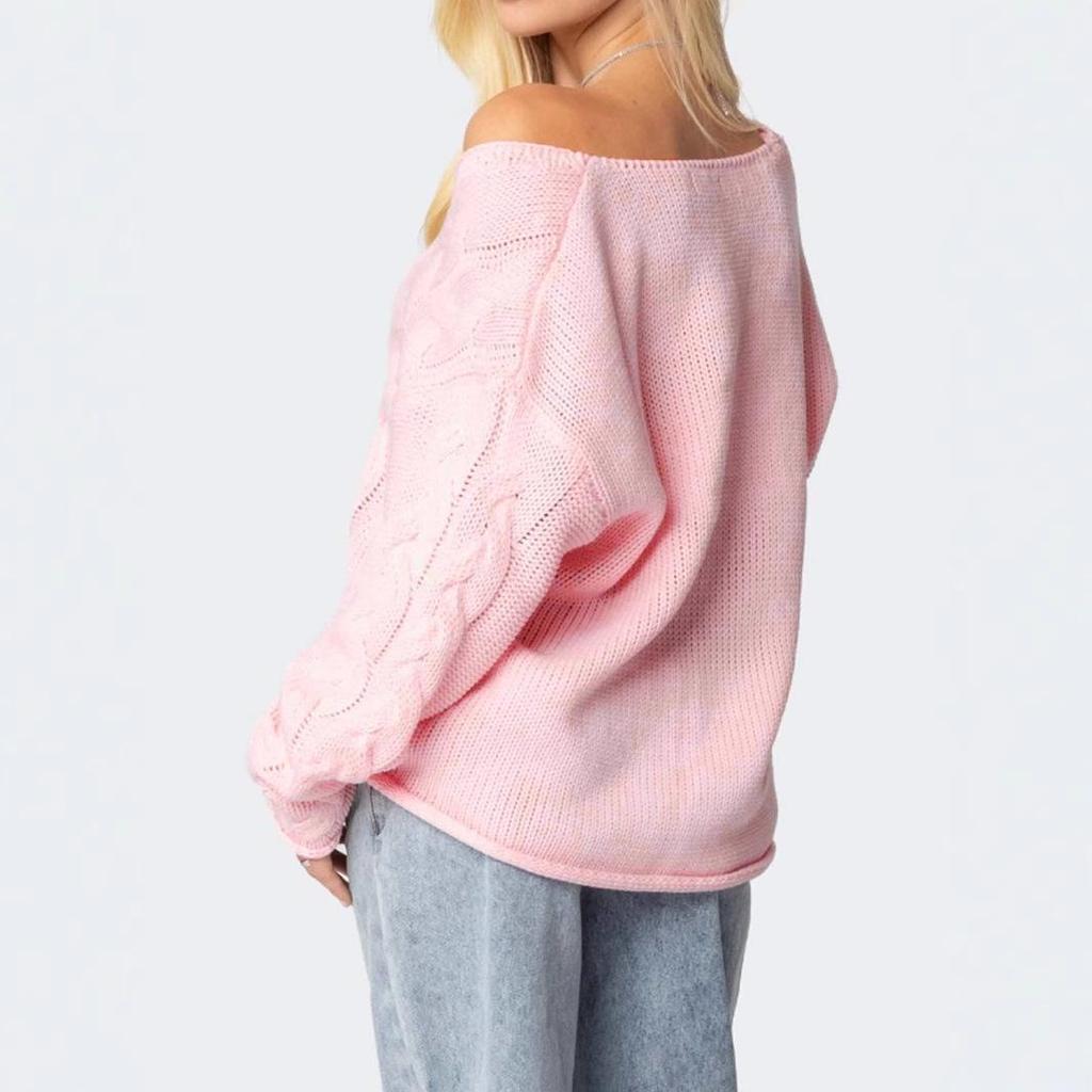 2025 Autumn Women's Loose V-Neck Cable Knit Sweater - Solid Color, Casual Style