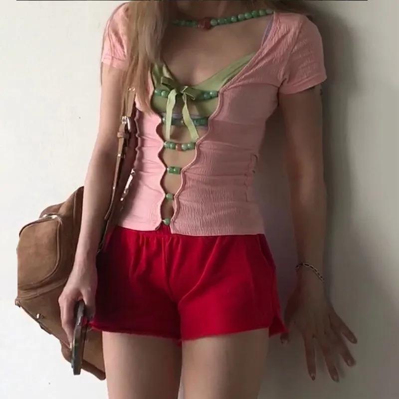 Japanese Y2k Hollow Out Tops Vintage Harajuku Beaded T Shirt 2000s Aesthetics Short Sleeve Knit T-shirts American Retro