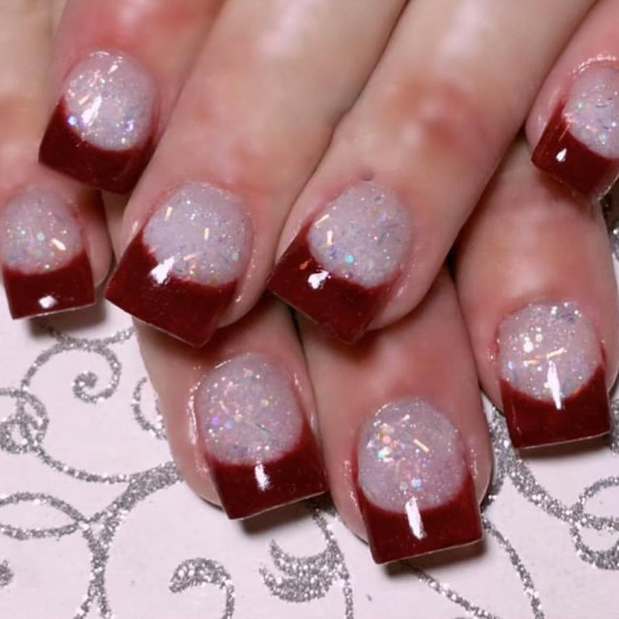 

Short Glossy Square French Burgundy Glitter Nail Patches - 24 Pieces
