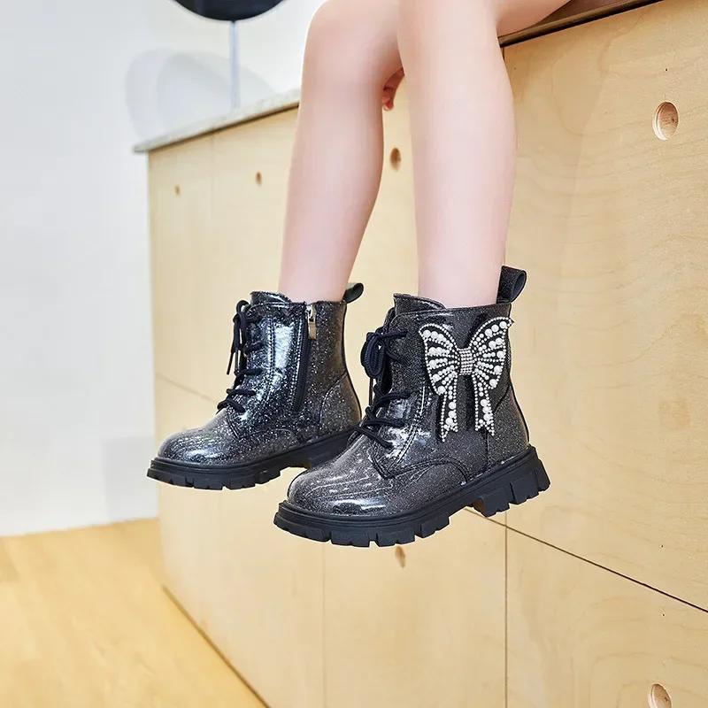 Girls Ankle Boots Black Shine PU Waterproof Butterfly Pearls Chic Unique Kids Princess Boots for Catwalk Children