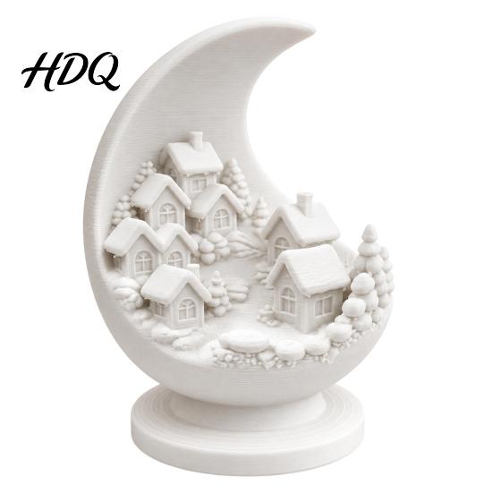 Study Room Desk Sculpture 3D Printed Crescent Moon and Snowy Village Figurine Mini House Statue Unique Resin Craft Ornament with Stable Base,