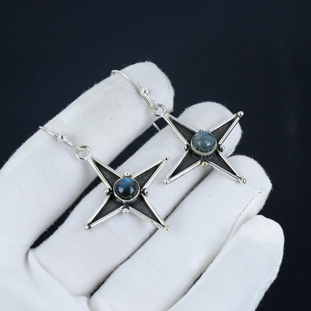 Natural Blue Flash Labradorite Gemstone Star Shape Earrings, 925 Sterling Silver Earring, Handmade Boho Silver Jewelry Dangle Earrings, Birthday Gift