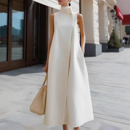 Damska Długa Sukienka z Kołnierzem Stojącym Bez Rękawów Jedno Guzik A-line Maxi Formalna Biznesowa Biurowa Sukienka do Pracy