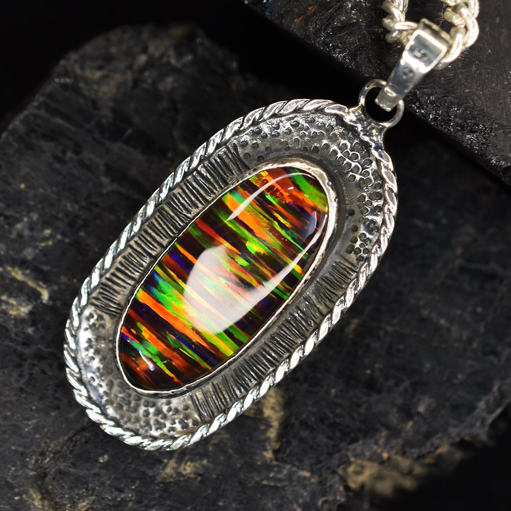 Natural Opal Necklace Fire 43 ct Multicolor 925 Sterling Silver October Birthday Birthstone