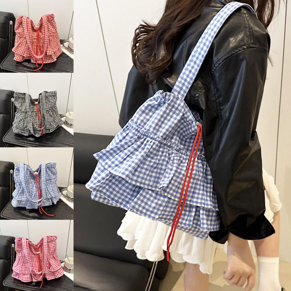 Large Capacity Shoulder Bag Fashion Ruffles Design Casual Lotus Leaf Plaid Shoulder Bag  Simple Commute Shopping Bag