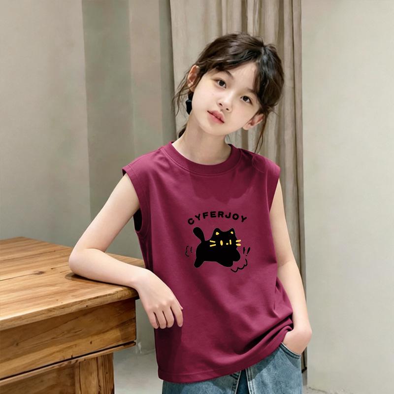Korean Style Girls' Cotton Sleeveless Summer Vest for Ages 6-12