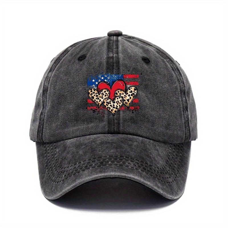 Patriotic Leopard Hearts American Flag Baseball Cap Distressed Casual Adjustable Outdoor Adult Hat