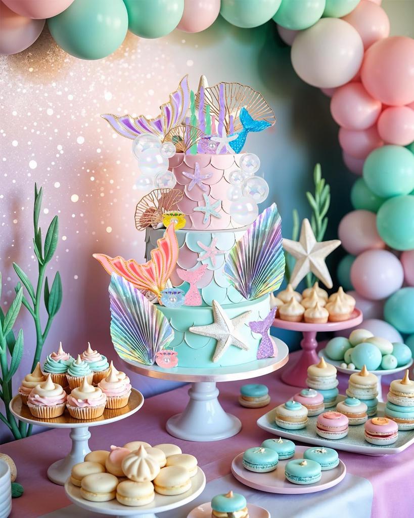 Mermaid Cake Toppers, 38pcs Under the Sea Cake Decor Set With Golden Ginkgo Leaves for Birthday Mermaid Theme Party Supplies