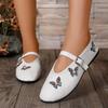 Flat Shoes Autumn New Round Toe Shallow Mouth Rhinestone Butterfly One Word Buckle Soft Sole Non-slip Single Shoes