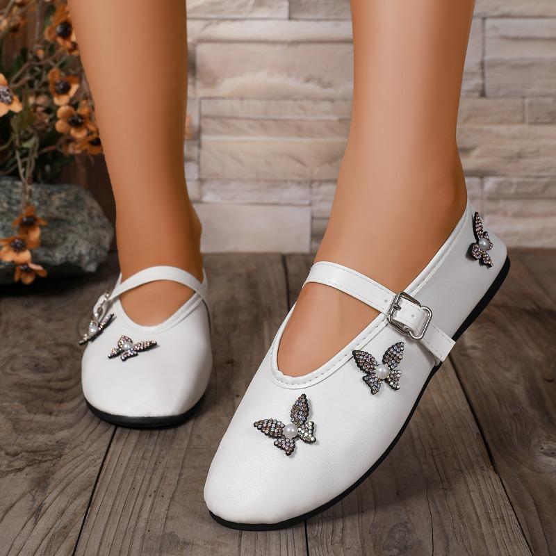 Flat Shoes Autumn New Round Toe Shallow Mouth Rhinestone Butterfly One Word Buckle Soft Sole Non-slip Single Shoes