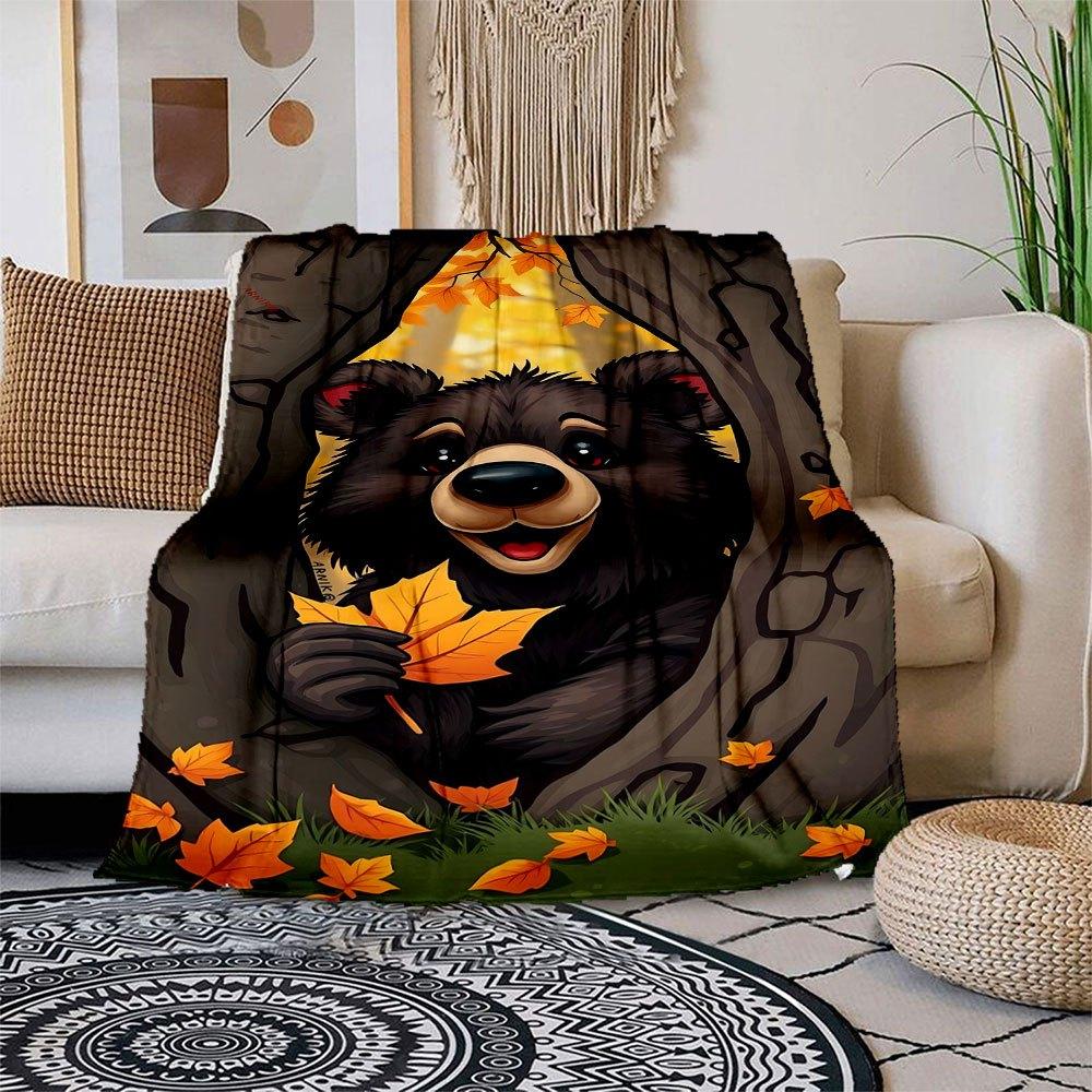 Autumn Bear Wall Art PrintBlanket Flannel Throw Blanket for Sofa, Bed, Travel, Camping, Office