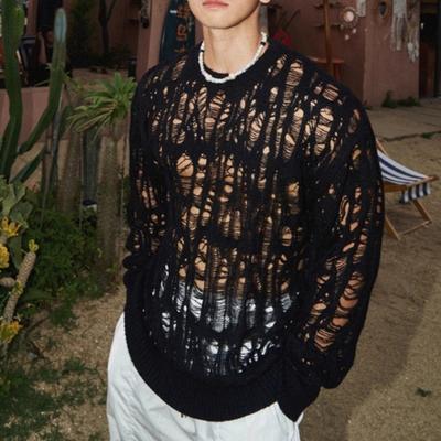 Men Tops Crew Neck Long Sleeve Knitted T-Shirt Men Clothing Retro Hollow-Out Mesh Knit Tops Spring Streetwear
