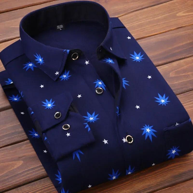 Pánské zimní zateplené kostkované košile s dlouhým rukávem Tlusté formální košile podšité flanelovou kožešinou Fleecová neformální košile pro pánské společenské košile