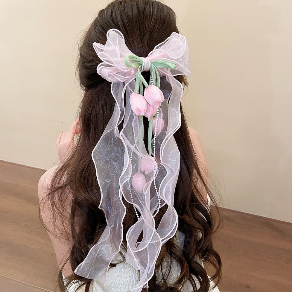Pendant Tassel Muguet Flower Hairpin Mesh Ribbon Organza Bowknot Barrette  Bridesmaids