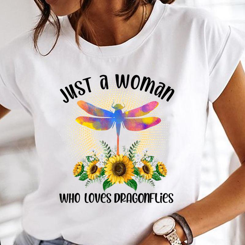 (European Size) Summer Fashion Dragonfly Dandelion Plant Short Sleeve Women Print Tee Top T-shirt  Lady Female Clothing Casual Graphic T-shirt
