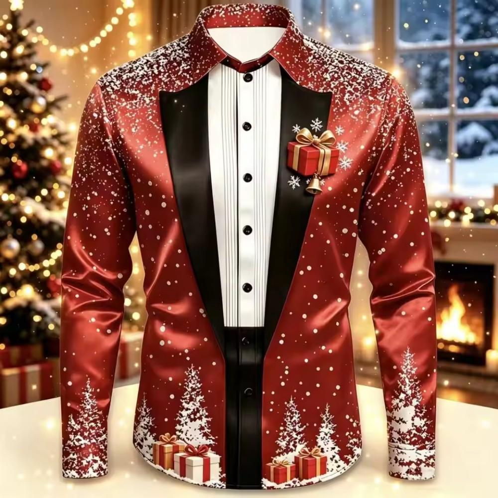 2026 Men's Fashion Christmas Satin Long Sleeve Shirt Christmas Special Edition 3D Printed Snowflake Christmas Tree Cane Candy
