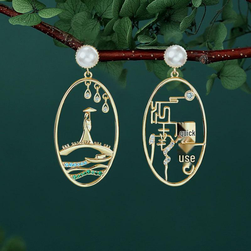 Retro Ruyi Tassel Fan-shaped Stud Earrings - Chinese Style
