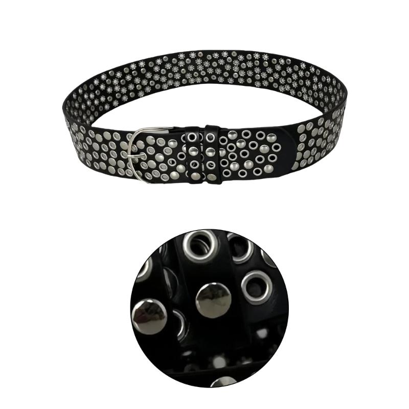 Adjustable Length Rivet Studded Waist Belt with PU Leather Full Studs for Trendy Rock Styles Enthusiasts Hiphop Decors