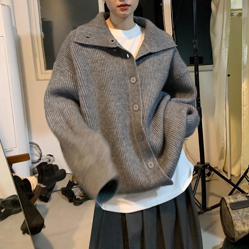

Осень и зима ленивый ветер однобортный вязаный кардиган женский однотонный с чувством дизайна свободный свитер с лацканами женское пальто average size серый