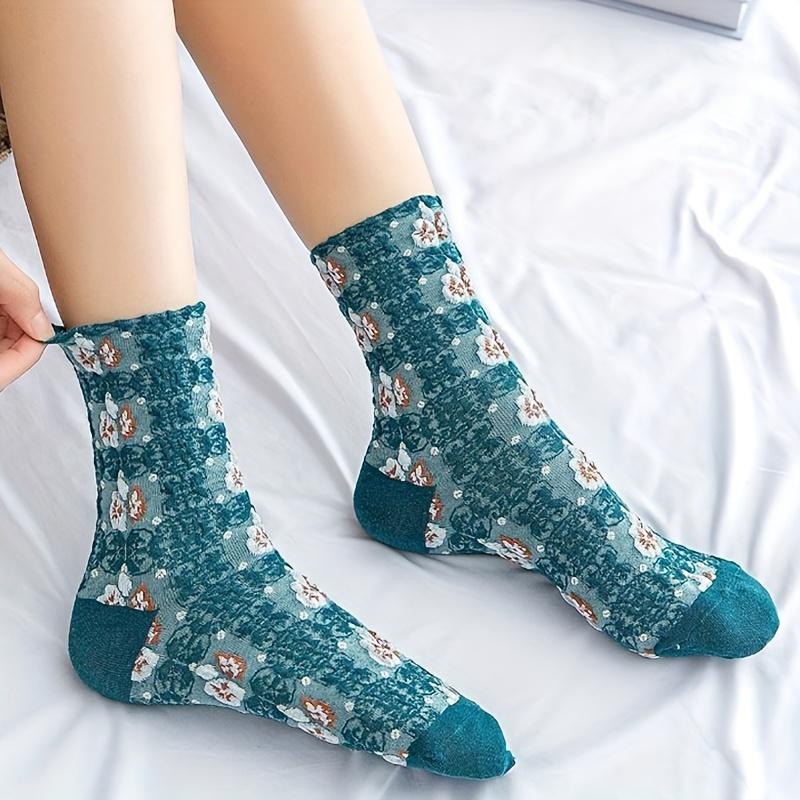 5 Pairs Of Women's Socks With Mid Length Three-dimensional Floral Soft And Comfortable Knitted Socks, Christmas Gift For Teenagers, Vintage Socks