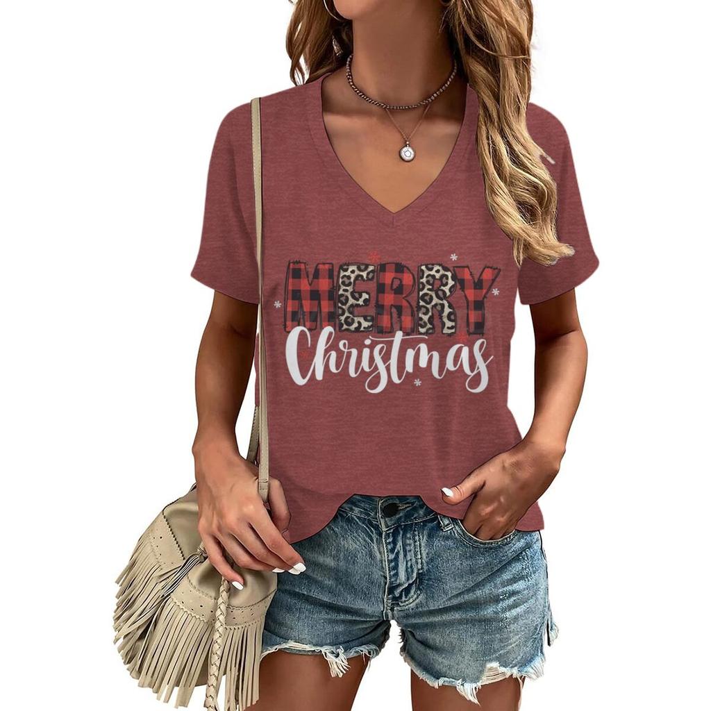 Merry Christmas Leopard Plaid Print Women Tshirts Xmas Holidays Short Sleeve Vneck Tee Christmas Letter Classic Style Tshirts