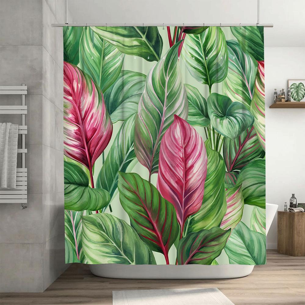 Vibrant Green Leaf Shower Curtain Botanical Print Bath Decor Pink Red Leaves Pattern Water-Resistant Fabric